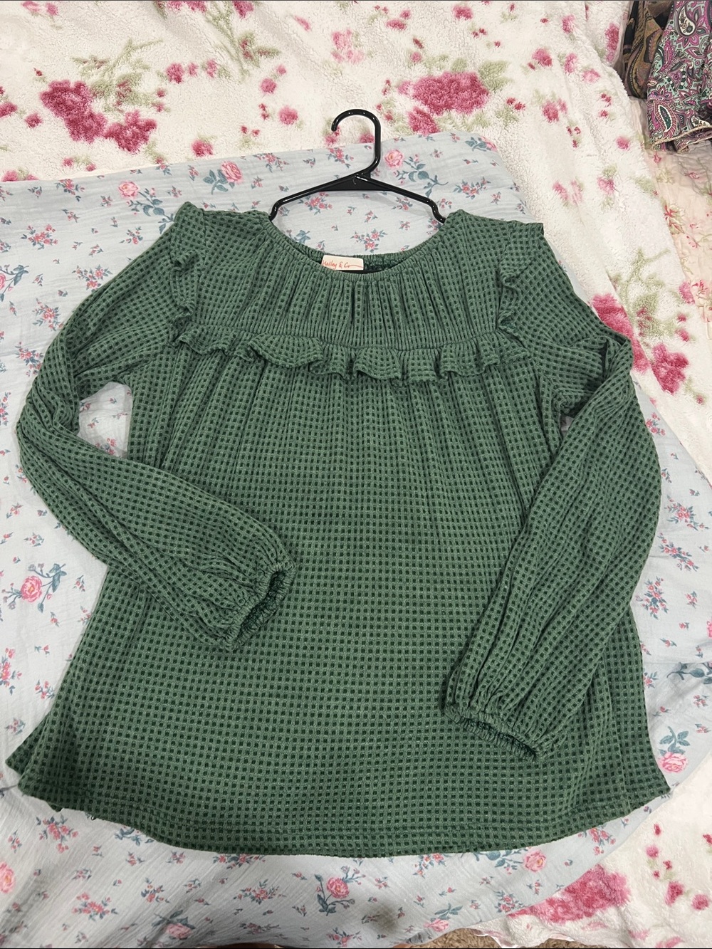 Ruffle Yoke Waffle-Knit Blouse - Green
